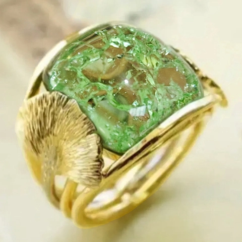 Vintage Ginkgo Leaf Ring Square Green Resin Gemstone Copper Jewelry Pastoral Aesthetic For Women