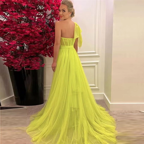 One Shoulder Abendkleid Für Damen Elegante Tüll Robe Mit Großer Schleife Hoher Schlitz Sexy Party Abschlussball Kleidung