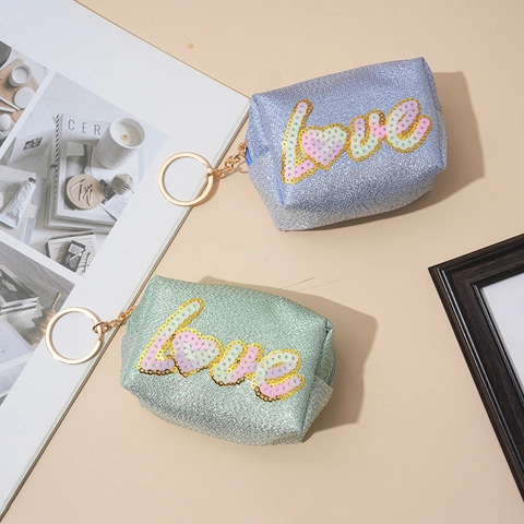 Mini Coin Purse Sequin Love Letter Embroidery Glitter Pouch Waterproof Portable Key Ring Lip Gloss Earphone Storage