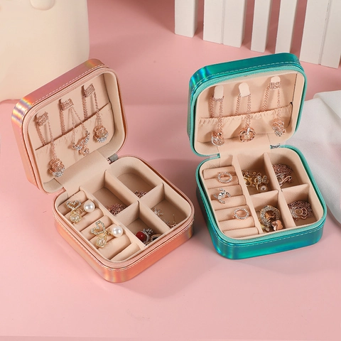 Portable Jewelry Box PU Leather Holographic Laser Travel Small Storage Case For Earrings Necklaces Rings Zipper Closure