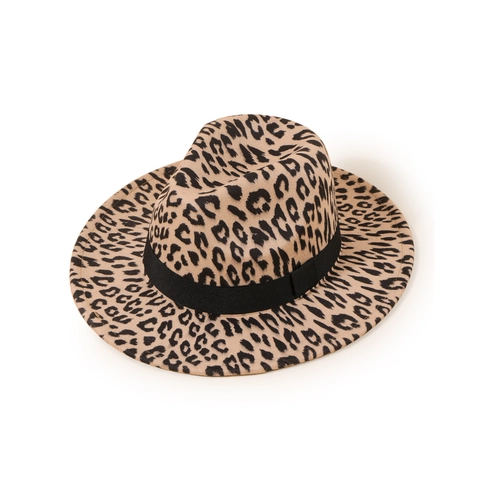 Luipaardprint Fedora Hoed Brede Rand Polyester Vilt Platte Kroon Jazz Cap Met Zwart Lint Voor Heren En Dames