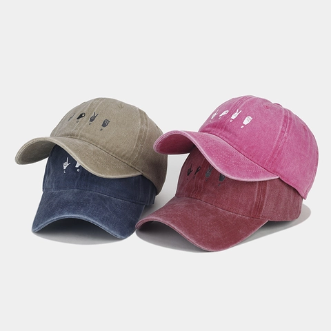 Washed Cotton Baseball Cap Retro Distressed Adjustable Sun Hat With Hand Gesture LOVE Pattern For Men Women