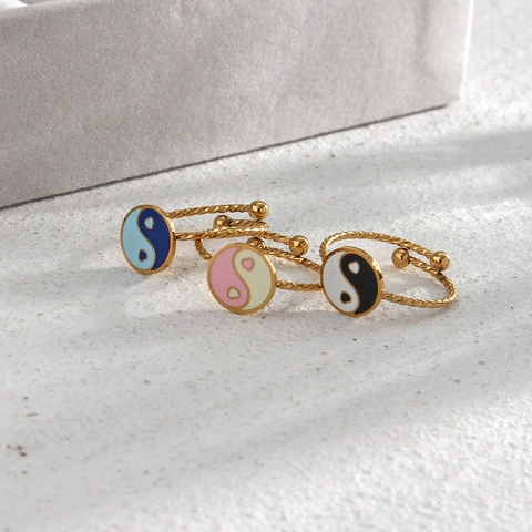 Yin Yang Tai Chi Emaille Ring 18K Vergoldet Edelstahl Verstellbar Bunt Gedrehtes Band Mode Schmuck Für Frauen