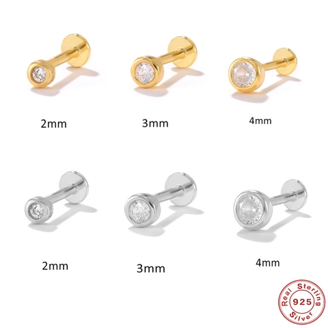 925 Sterling Zilveren Oorknopje Ronde Zirconia Kraakbeen Stud Platte Achterkant Interne Schroefdraad Piercing Sieraden