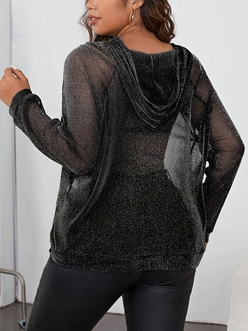 Plus Size Doorschijnende Mesh Hoodie Lange Mouwen Metallic Glitter Zonbescherming Pullover Top Voor Dames Elegant Zomer