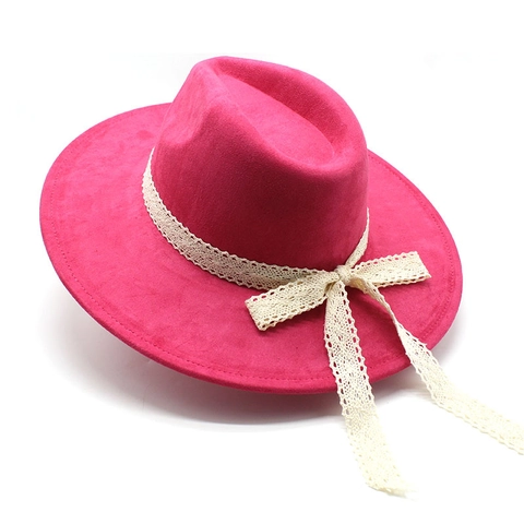 Dames Fedora Hoed Brede Rand Retro Britse Stijl Jazz Hoed Met Kant Lint Strik Polyester Vilt Elegant Mode Accessoire