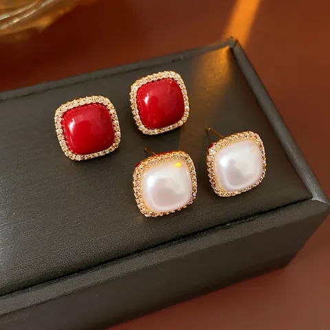 Pendientes De Botón Cuadrados Con Circonita E Imitación De Perla Artificial Marco De Cobre Estilo Francés Vintage Mujeres Poste De Plata