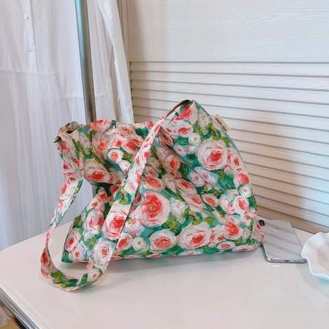 Sac Cabas En Toile Florale Grande Capacité Style Peinture À L'huile Française Sac À Main Bandoulière En Coton Pour Femmes