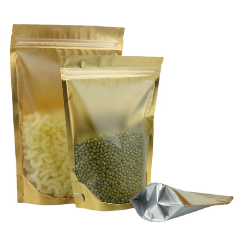 Stand Up Zip Lock Bags Aluminum Foil Plastic With Matte Clear Window Gold Interior Reusable For Food Tea Storage