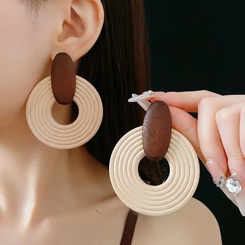 Boho Geometrische Holz Und Raffia Creolen Mit 925 Sterling Silber Ohrstecker Vintage Runde Blume Hängeohrringe Damen