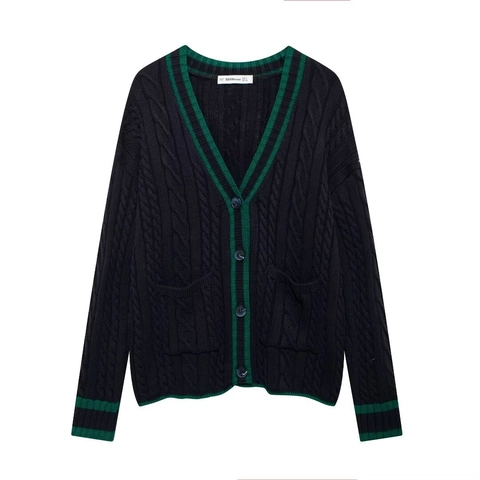 Gilet En Tricot Torsadé Pour Femmes Col En V Bordure Rayée Pull À Boutons Manches Longues Style Preppy Avec Poches