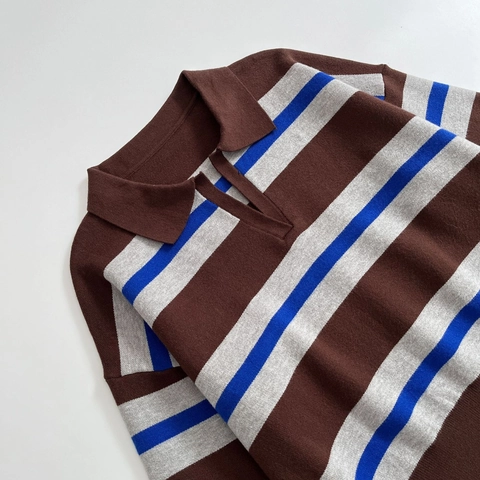 Maglione In Maglia Polo A Righe Retro Americano Da Donna Top A Maniche Lunghe Casual Allentato Con Scollo A V Poliestere Autunno
