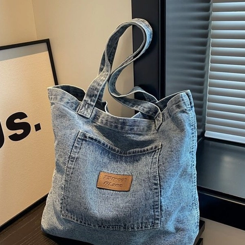 Borsa Tote In Denim Lavato Grande Capacità Borsa A Spalla Vintage In Cotone Con Tasca Frontale Chiusura Magnetica Da Donna