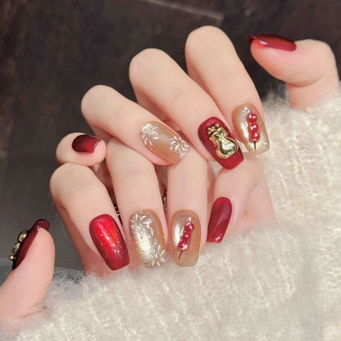 Uñas Postizas De Ojo De Gato Rojas Con Bolsa De Suerte 3D Copo De Nieve Brillo Invierno Festivo