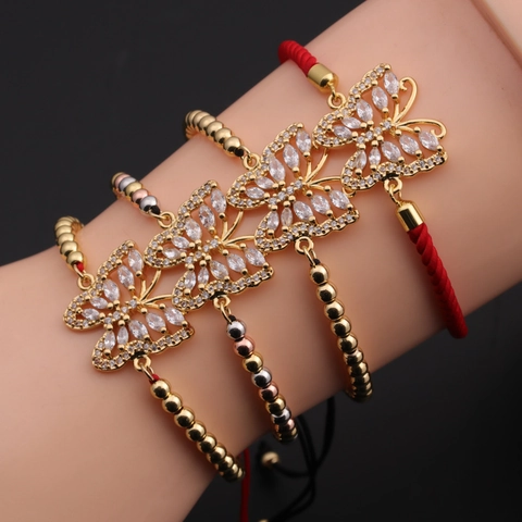 Bracciale A Farfalla Da Donna Rame Zirconia Regolabile Corda Intrecciata Perline Di Metallo Gioielli Eleganti Fatti A Mano