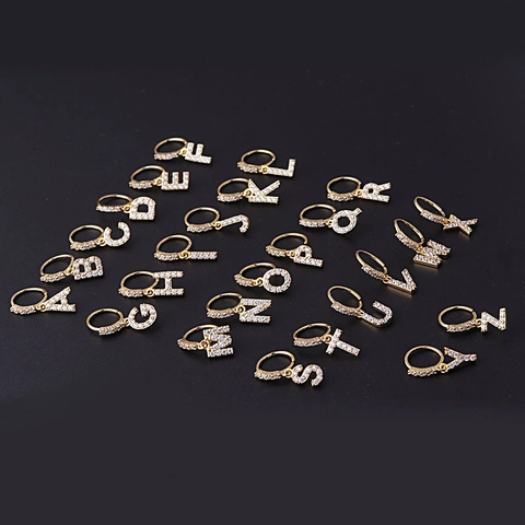 Alphabet Letter Pendant Nose Hoop Ring Copper Micro Set Zircon Initial Dangle Trendy Piercing Jewelry For Women Gold Silver