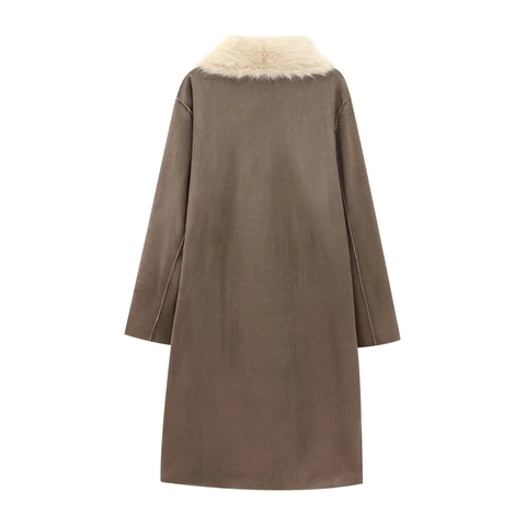 Women Faux Suede Faux Fur Coat Long Lapel Reversible Warm Winter Jacket Solid Elegant Outerwear With Pockets