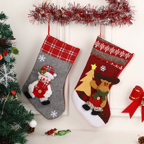Calza Di Natale Sacchetto Regalo Iuta Flanella Con 3D Babbo Natale Pupazzo Di Neve Renna Polsino A Quadri Decorazione Appendere