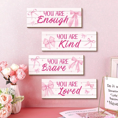 Wooden Wall Hanging Signs Pink Bow Ribbon Pattern Inspirational Quotes Girls Bedroom Nursery Bathroom Decor Aesthetic