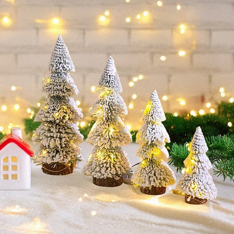 Mini Albero Di Natale Fioccato Coperto Di Neve Luce LED Calda Base In Legno Decorazione Da Tavolo