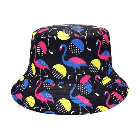Flamingo Print Reversible Bucket Hat Polyester Wide Brim Summer Sun Protection Tropical Beach Vacation Hat For Adults