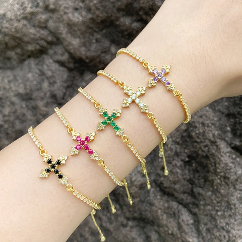 Bracciale Con Ciondolo A Croce Rame Placcato Oro Con Zirconia Cubica Colorata Chiusura A Scorrimento Regolabile Gioielli Moda Donna