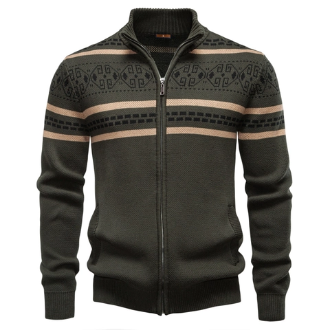 Herren Strickjacke Mit Reißverschluss Baumwollmischung Stehkragen Langarm Jacquardmuster Slim Fit Urban Casual
