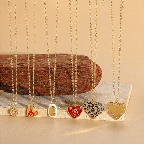 Mode Kupfer Zirkonia Herz Anhänger Halskette Sexy Leopardenmuster Emaille Tropföl Schlüsselbein Kette Schmuck Für Damen