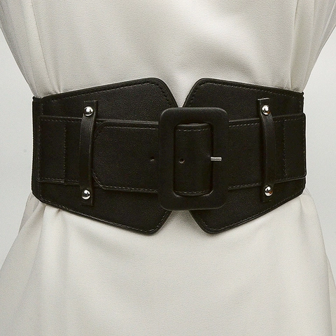 Women Wide Elastic Waist Belt Faux Leather Wrapped Buckle Corset Cinch Belt With Studs For Dresses Coats Fashion Accessories