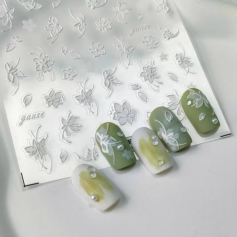 5D Embossed Nail Art Stickers White Floral 3D Relief Self Adhesive Manicure Decoration Elegant Flower Design