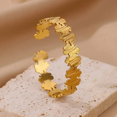 Bracelet Jonc Ouvert En Acier Inoxydable Plaqué Or 18K Pour Femmes Motif Fleur Feuille Papillon Plume
