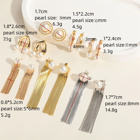 French Vintage Copper Geometric Earrings For Women With Artificial Pearl Zirconia Inlaid Tassel Chain Drop Earrings Jewelry