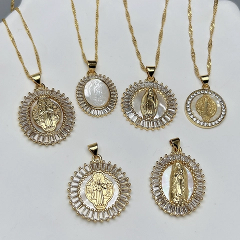 Virgin Mary Saint Benedict Pendant Necklace 18K Gold Plated Copper White Mother Of Artificial Pearl Zircon Religious Jewelry For Women