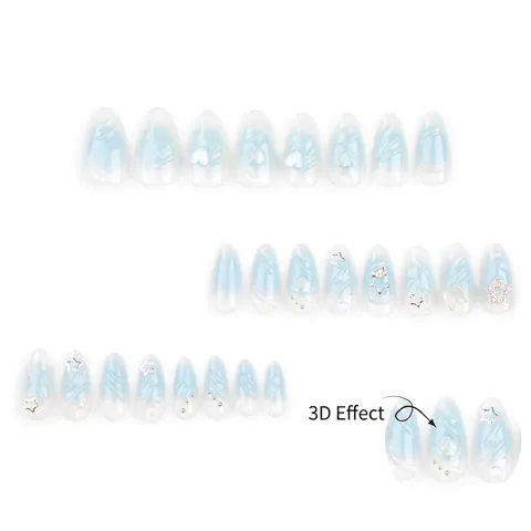 Faux Ongles À Presser Dégradé Marbre Bleu Blanc Breloques Cœur Étoile 3D Glace Transparente Forme Amande Stiletto Élégant