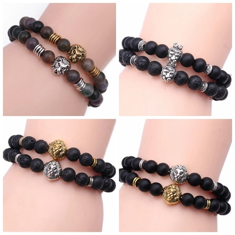 Men's Natural Stone Beaded Bracelet With Alloy Lion Head Charm Retro Punk Elastic Hand Chain Agate Lava Tiger Eye Accessory