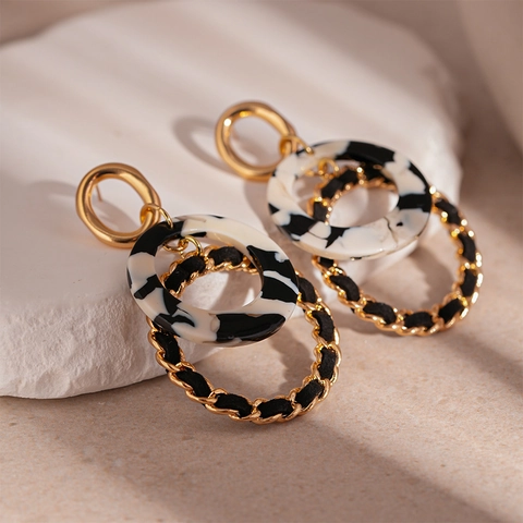Geometric Double Circle Pendant Earrings Alloy Resin Leather Woven With 925 Sterling Silver Earring Post Retro For Women