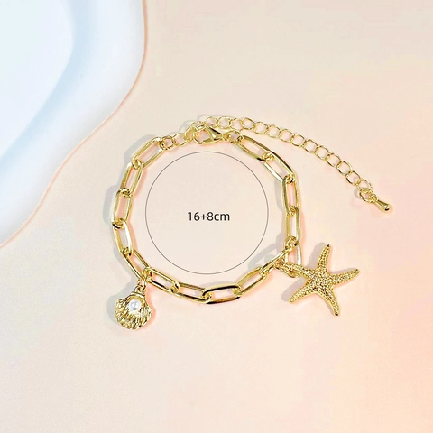 Pulsera de Aleación en Tono Dorado de Moda para Mujer Con Dijes de Estrella de Mar y Concha Perla Artificial Joyería de Estilo Marino