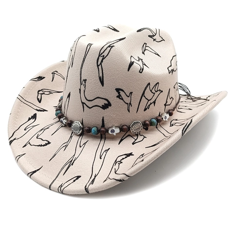 Western Cowboy Hat Polyester Felt Bird Print Bohemian Beaded Band Turquoise Hamsa Evil Eye Wide Brim Vintage Fedora
