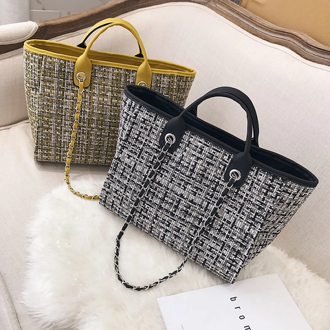 Large Tweed Tote Bag Contrast Color Plaid Chain Shoulder Strap PU Leather Trim Elegant Commute Handbag For Women