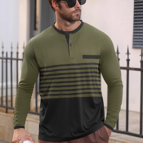 T-Shirt Henley Pour Hommes Manches Longues Color Block Rayé Respirant Polyester Élasthanne Coupe Slim Top Décontracté