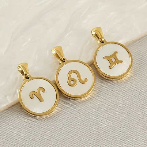 Collier Pendentif Constellation Du Zodiaque En Acier Inoxydable Plaqué Or 18K Nacre Ronde Bijoux Pour Femmes