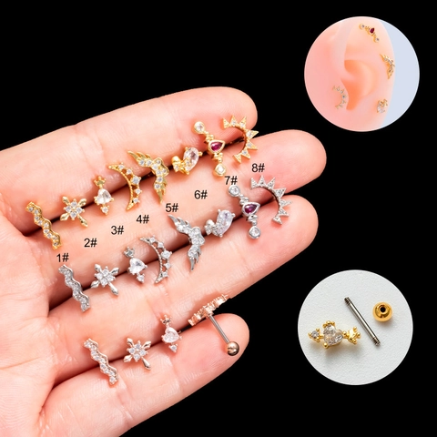 Stainless Steel Cubic Zirconia Cartilage Stud Earrings Screw Back Wings Heart Star Moon Piercing Jewelry For Women
