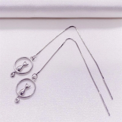 925 Sterling Silver Cat Ear Threader Earrings Minimalist Long Box Chain Circle Kitten Silhouette Drop Earrings For Women Jewelry