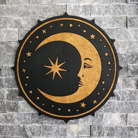 Wooden Sun And Moon Wall Decor Celestial Bohemian Style Carved Laser Cut Art Hanging Ornament For Living Room Home