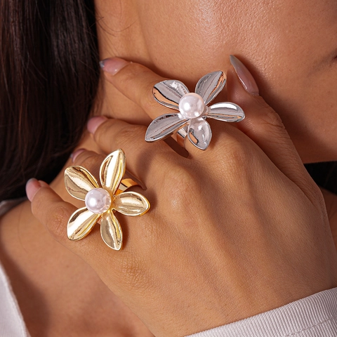 Anello Fiore Con Perla Artificiale Lega Anello Floreale Metallico Per Donne Gioiello Da Dito Elegante Chic