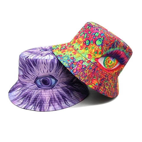 Chapeau Bob Imprimé Œil Psychédélique Polyester Réversible Protection Solaire Extérieur Style Rétro Hommes Femmes
