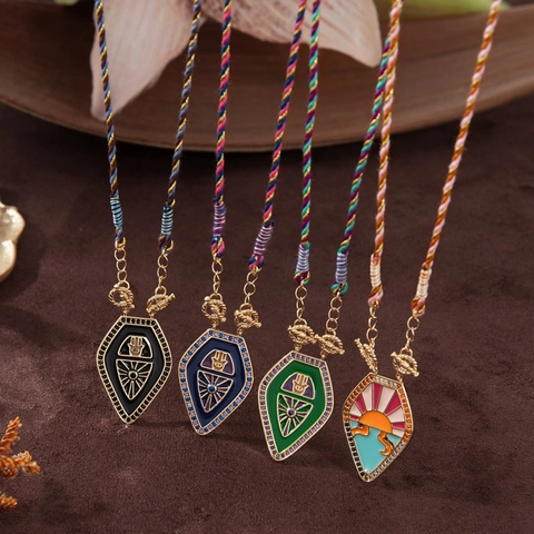 Vintage Kupfer Emaille Tarotkarte Anhänger Halskette Retro Hand Der Fatima Sonne Muster Geflochtenes Seil Vergoldet Schmuck Damen