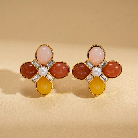 Pendientes De Botón Flor Retro Con Poste De Plata Aleación Resina Pétalos Coloridos Perla Artificial Imitación Circón Para Mujer