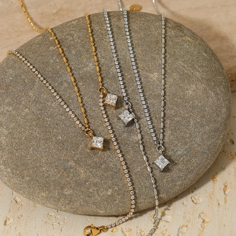 Gioielli Collana Bracciale Zircone Quadrato Acciaio Inossidabile Catena Tennis Perline Asimmetrica Donne Minimalista Elegante