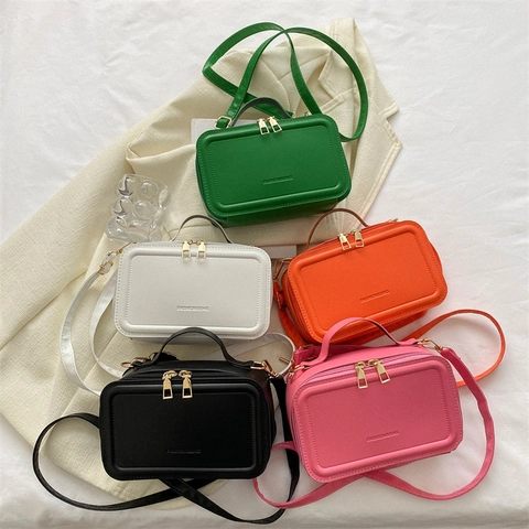 Box Crossbody Handbag Synthetic Leather Double Zipper Top Handle Adjustable Strap Solid Color Square Bag For Women